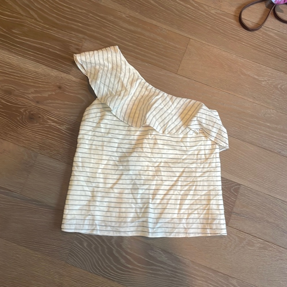 Cream and navy striped One shoulder top with ruffle hem